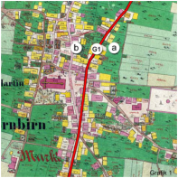 Niederdorf (Plan von 1857) und der erste Feldweg (rot)
